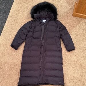 Lands' End Black Full length Puffer Coat with Faux Fur Hood